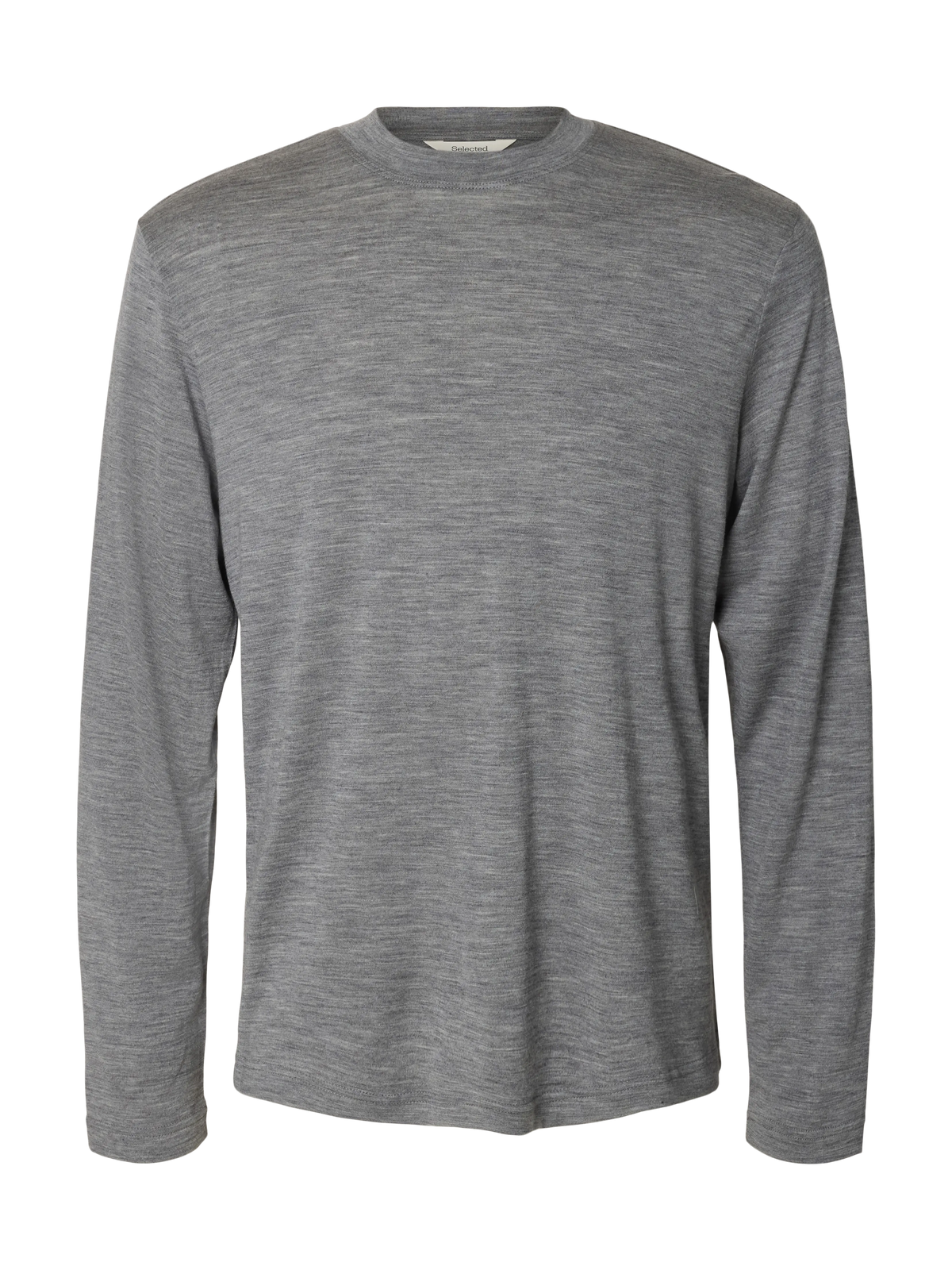 T-shirt Tommy Wool LS O-Neck Tee Selected en laine mérinos, gris chiné Medium Grey Melange, vue de face