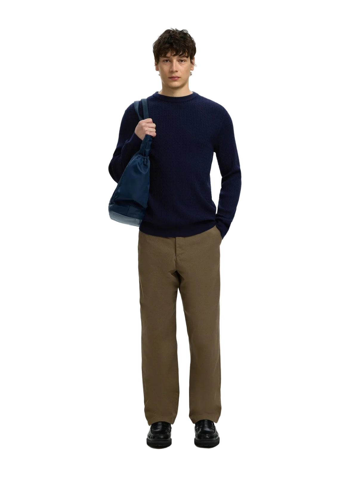 Maglia girocollo Tray in misto lana merino a trecce, a maniche lunghe