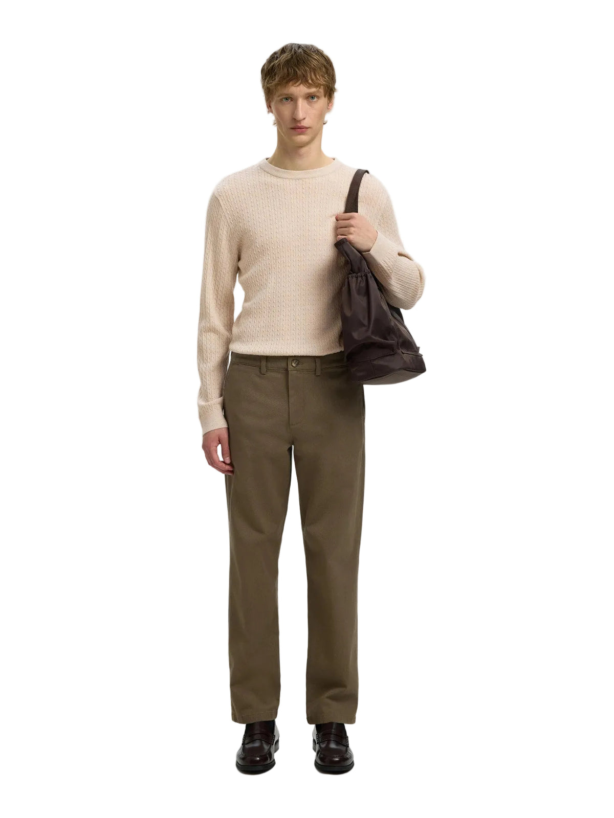 Maglia girocollo Tray in misto lana merino a trecce, a maniche lunghe
