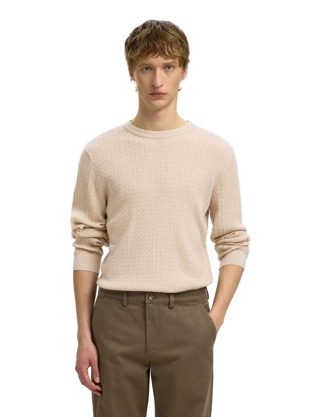 Maglia girocollo Tray in misto lana merino a trecce, a maniche lunghe