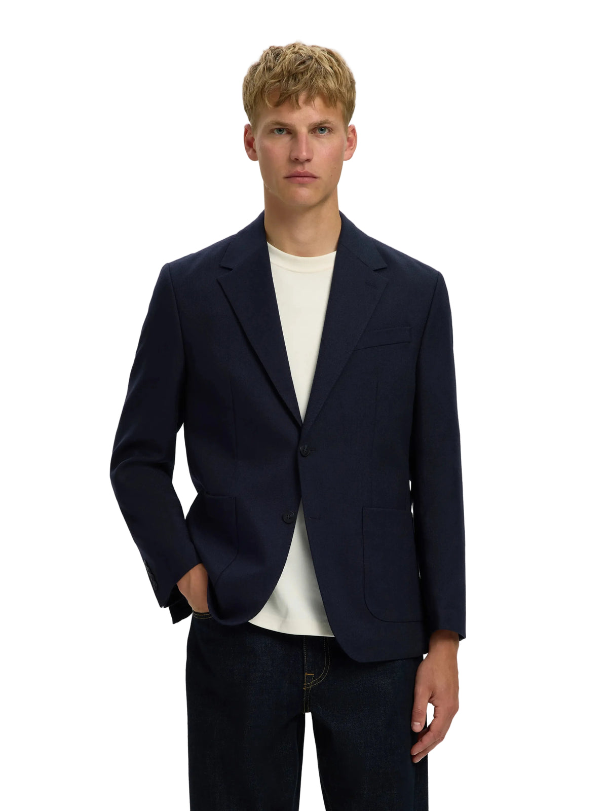 Blazer Bjorn Selected en laine bleu Dark Sapphire, vue de face, autre angle