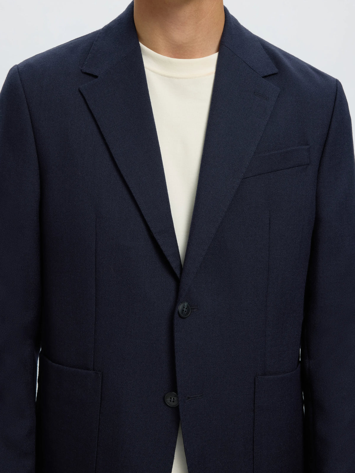 Blazer Bjorn Selected en laine bleu Dark Sapphire, détail du tissu et des finitions