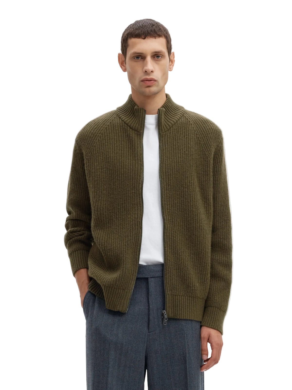 Cardigan zippé Cody LS Knit Selected en Kalamata, vue de face, portée