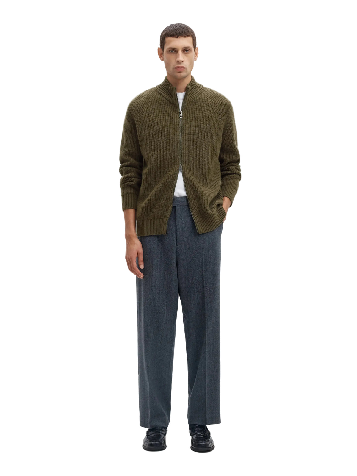 Cardigan zippé Cody LS Knit Selected en Kalamata, vue de face en pied