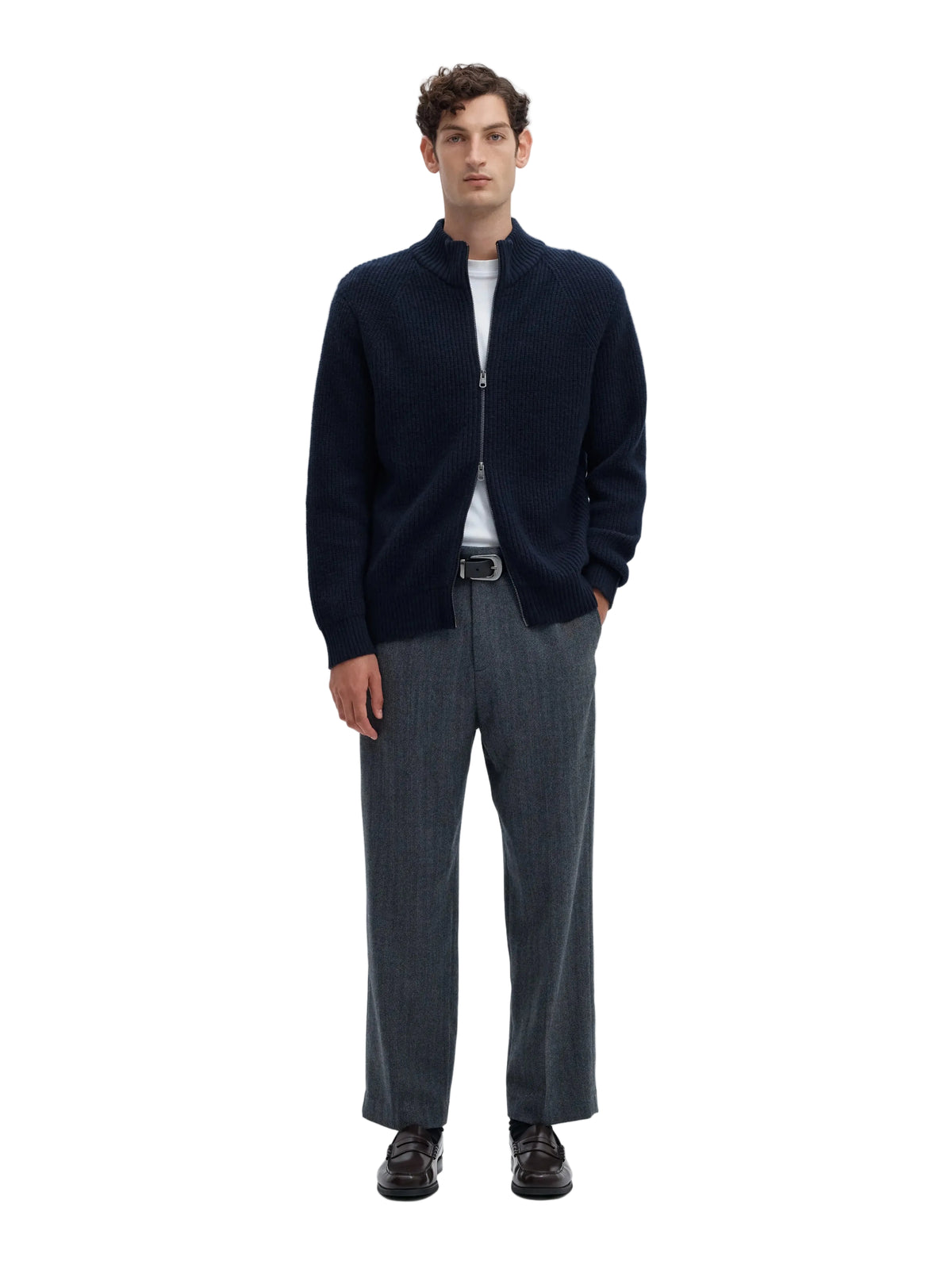 Cardigan zippé Cody LS Knit Selected en Sky Captain, vue de face en pied