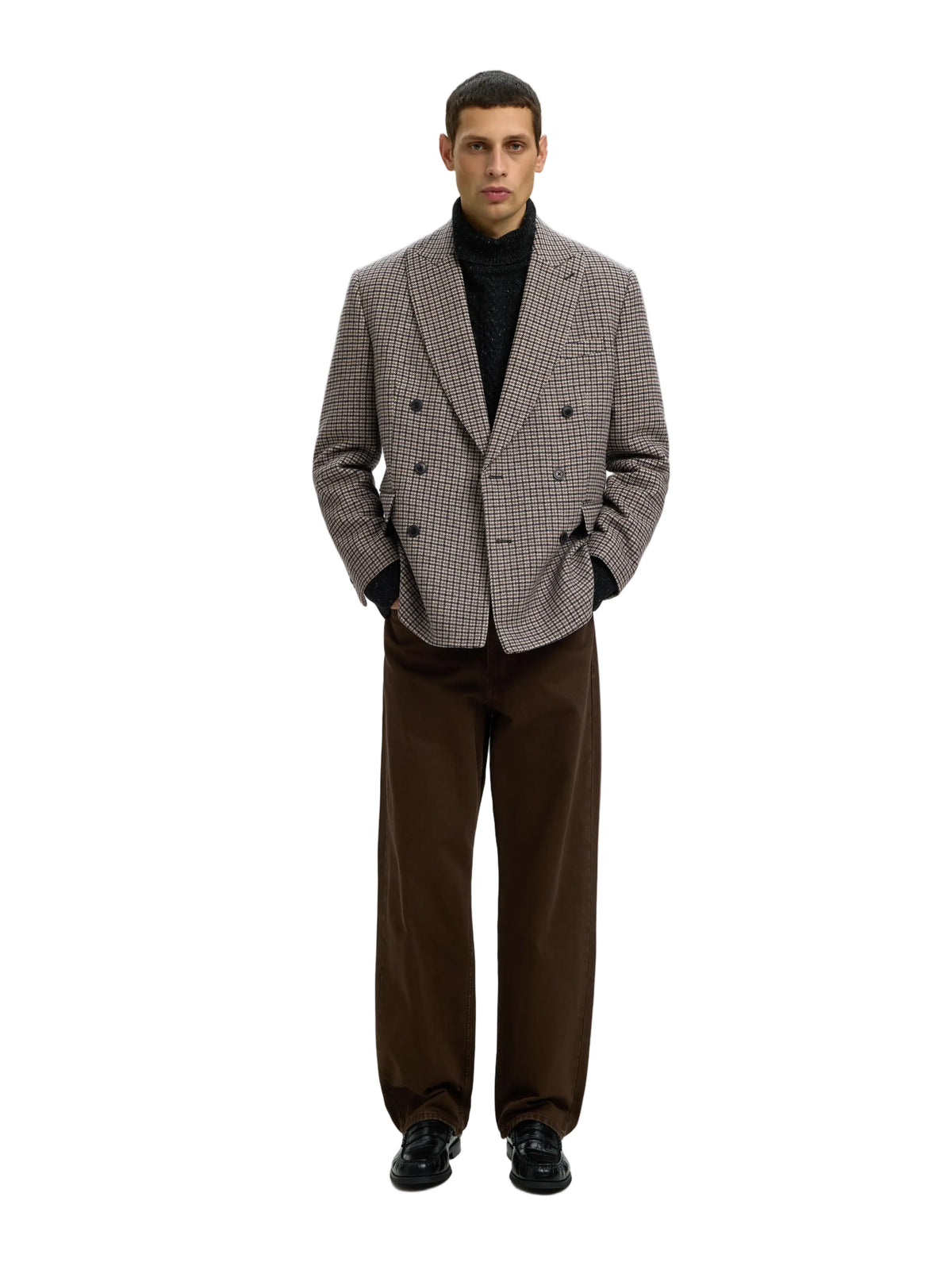 Blazer croisé Morris Wool Blend Selected gris chiné, tenue complète vue de face