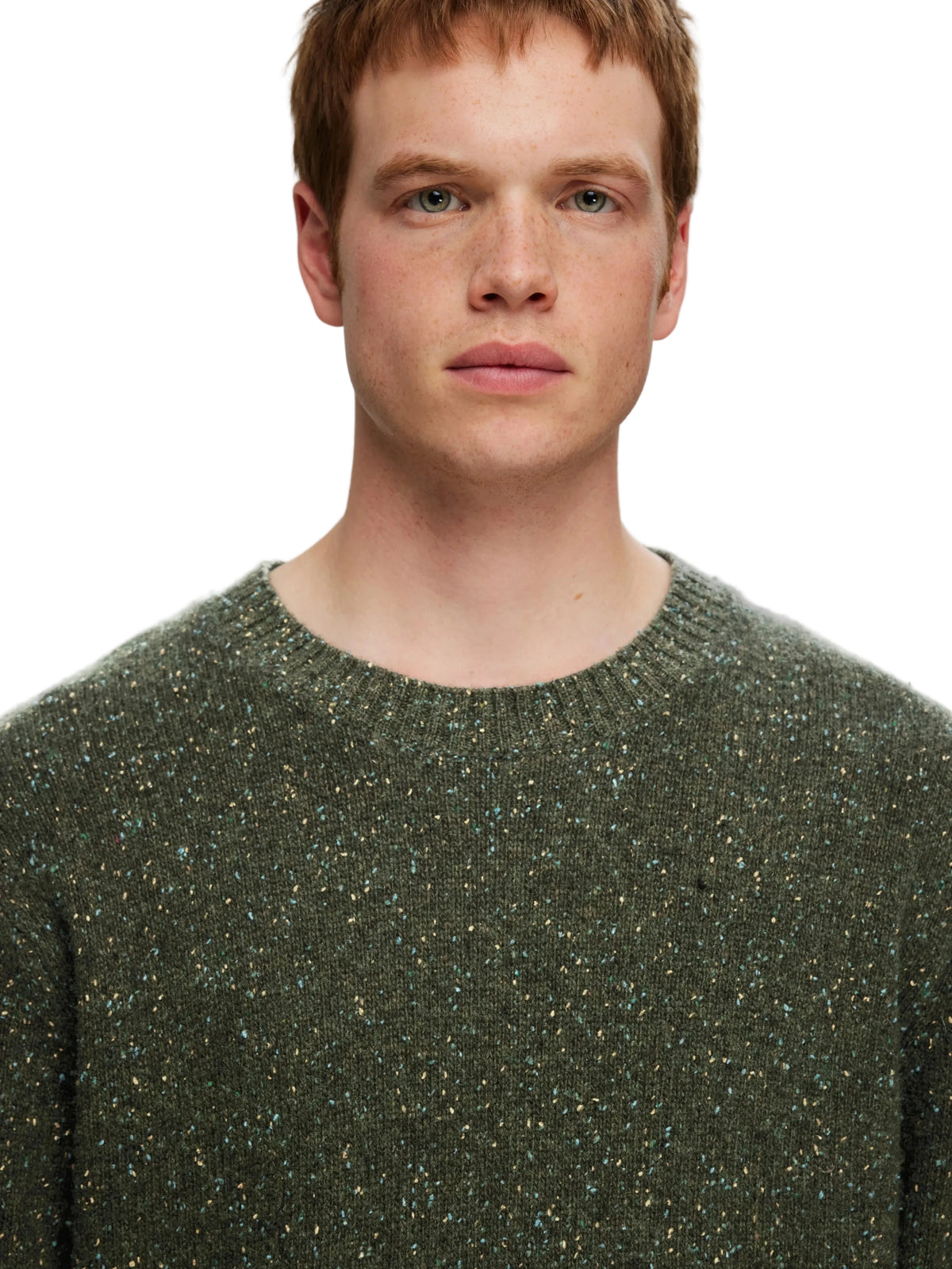 Pull Neil Selected en laine, coloris Forest Night Neps, détail de la maille