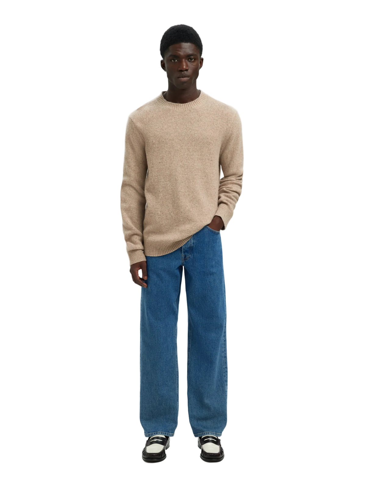 Pull Neil Selected en laine, coloris Oatmeal Neps, vue de face en pied