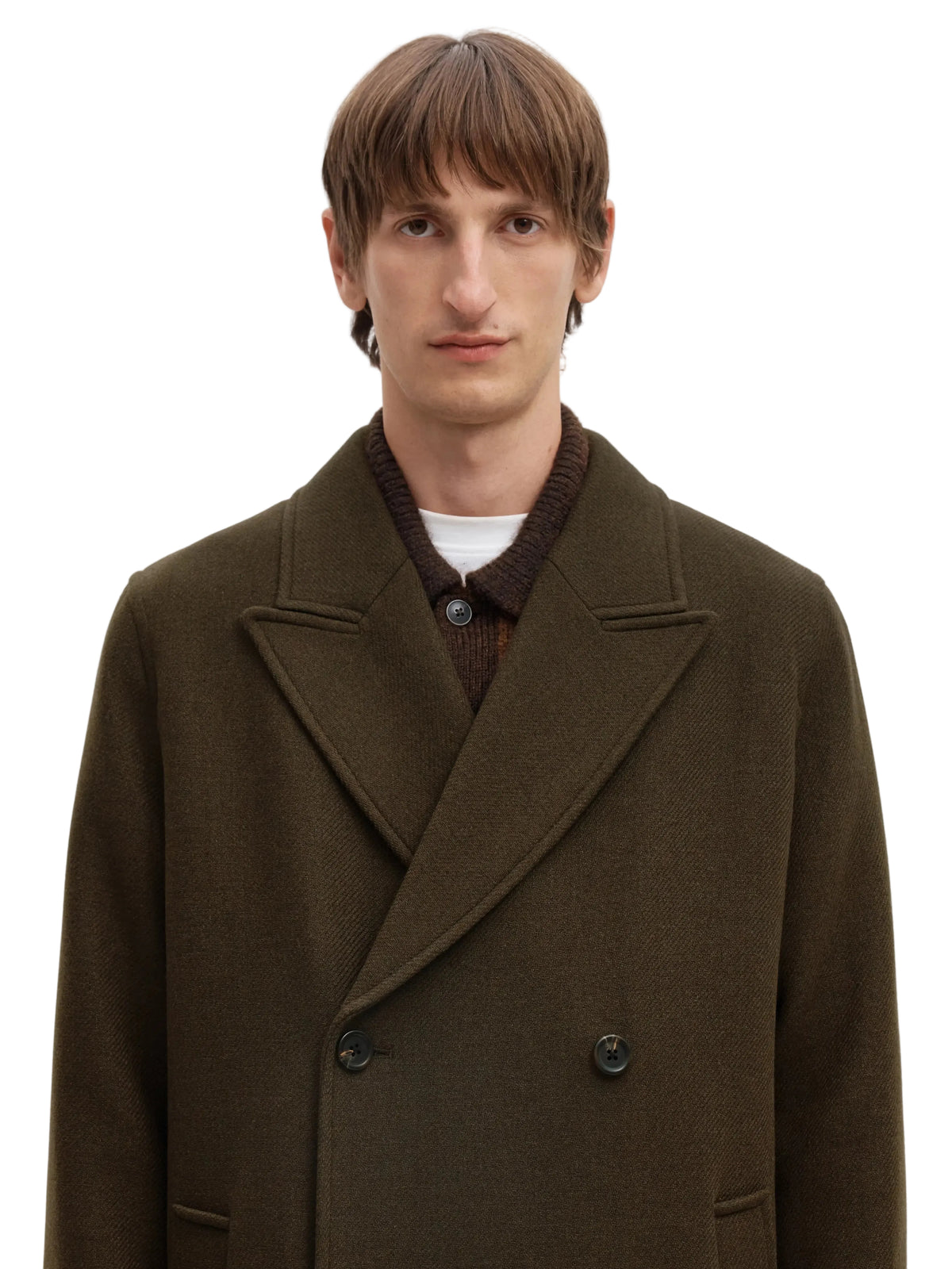 Manteau Sergio Manteco Coat Selected, coloris Peat, détail du tissu et des finitions