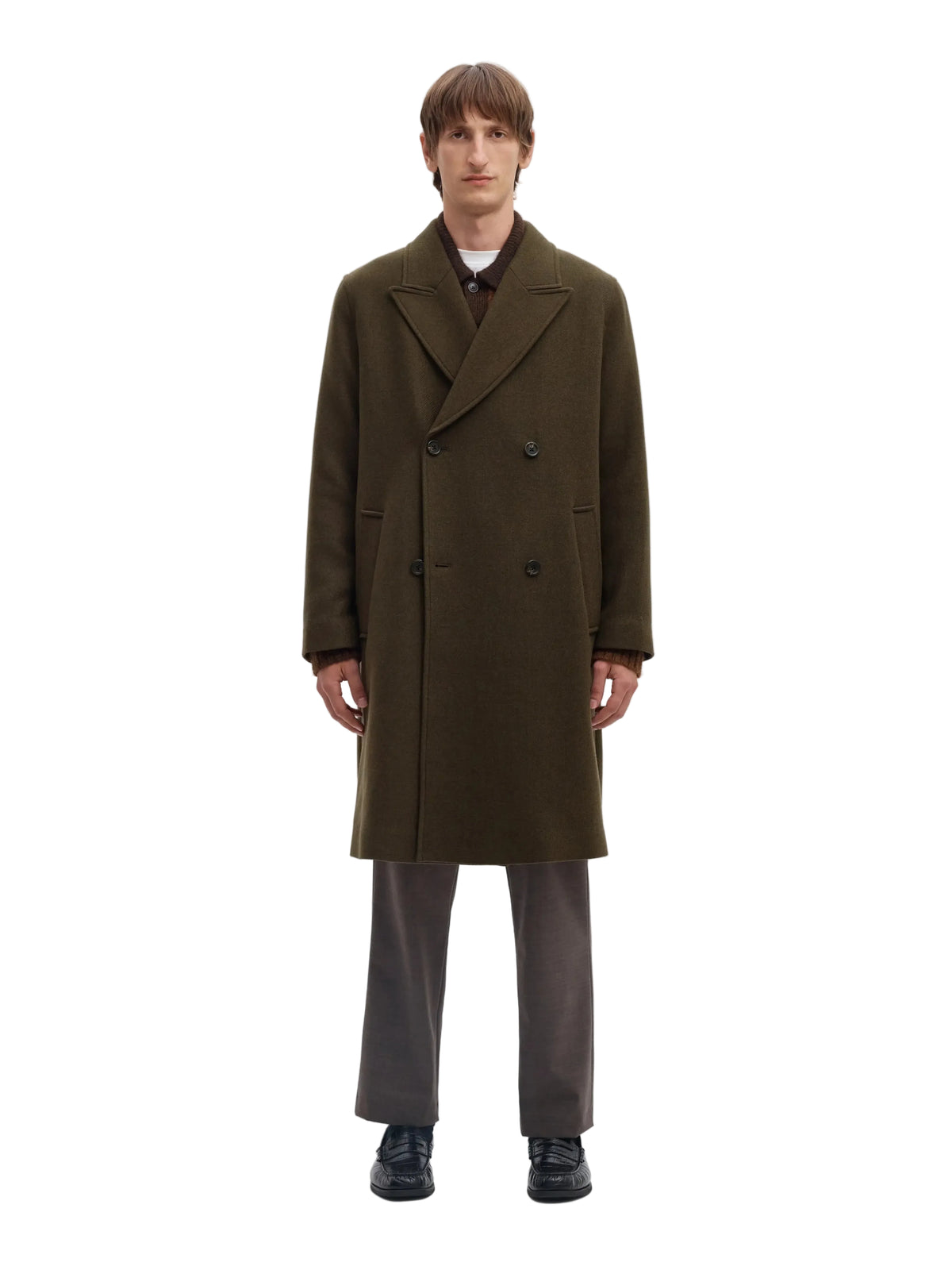 Manteau Sergio Manteco Coat Selected, coloris Peat, vue de face en détail