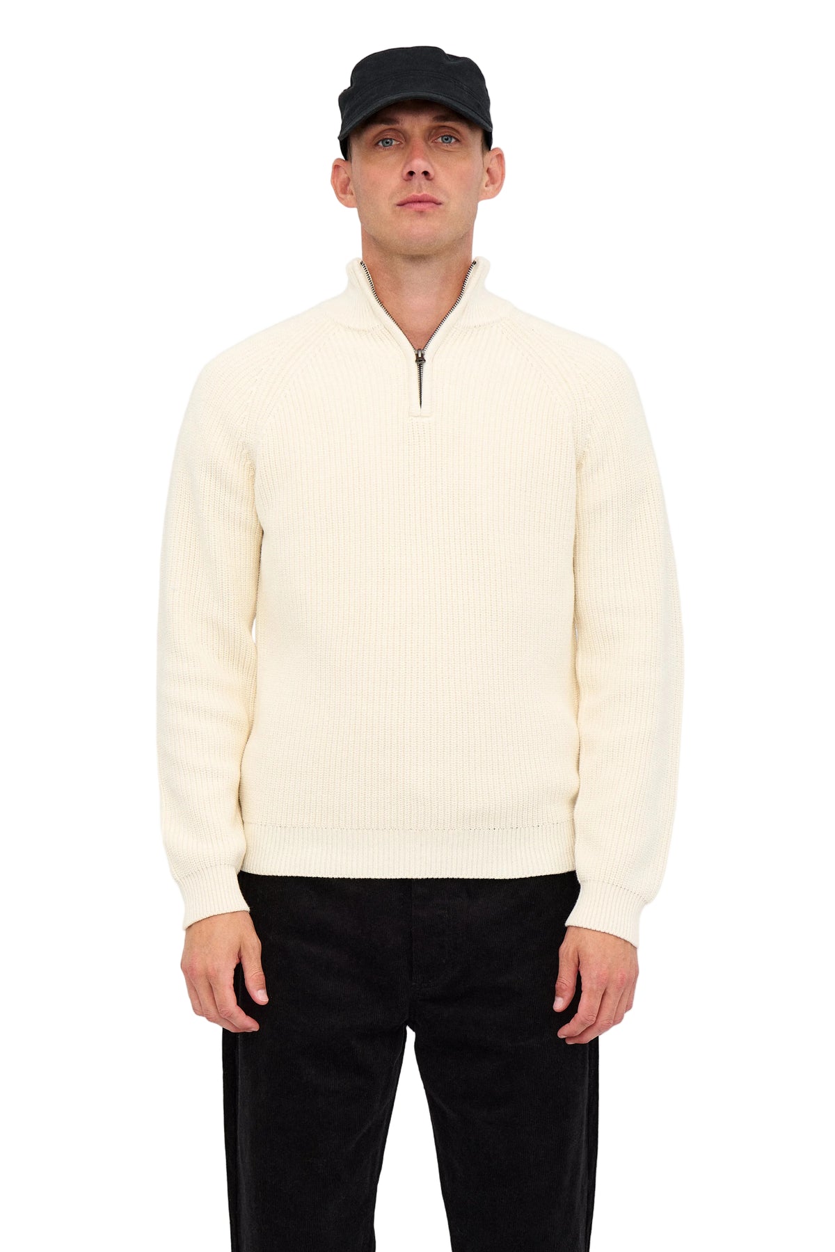 SUNE PATENT HALF ZIP KNIT, Tofu - Anerkjendt
