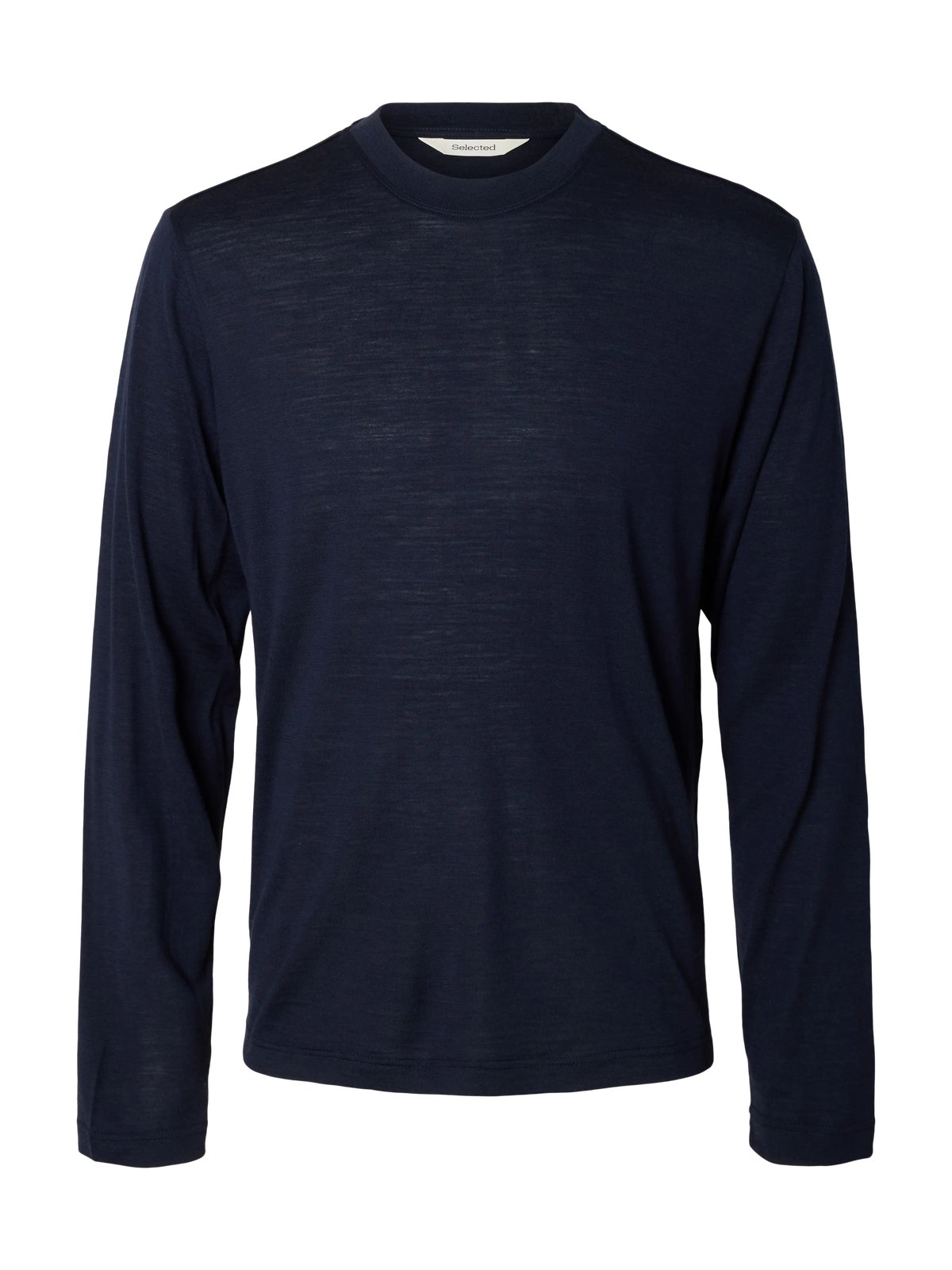 T-shirt Tommy Wool LS O-Neck Tee Selected en laine mérinos, bleu marine Sky Captain, vue de face