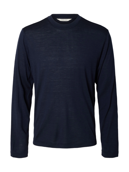 T-shirt Tommy Wool LS O-Neck Tee Selected en laine mérinos, bleu marine Sky Captain, vue de face