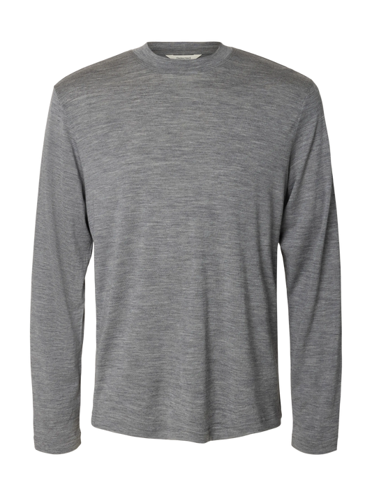 T-shirt Tommy Wool LS O-Neck Tee Selected en laine mérinos, gris chiné Medium Grey Melange, vue de face