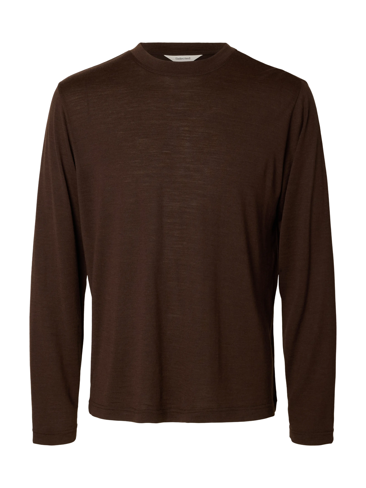 T-shirt Tommy Wool LS O-Neck Tee Selected en laine mérinos, marron Delicioso, vue de face