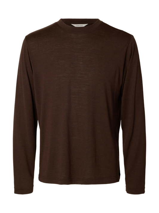 T-shirt Tommy Wool LS O-Neck Tee Selected en laine mérinos, marron Delicioso, vue de face